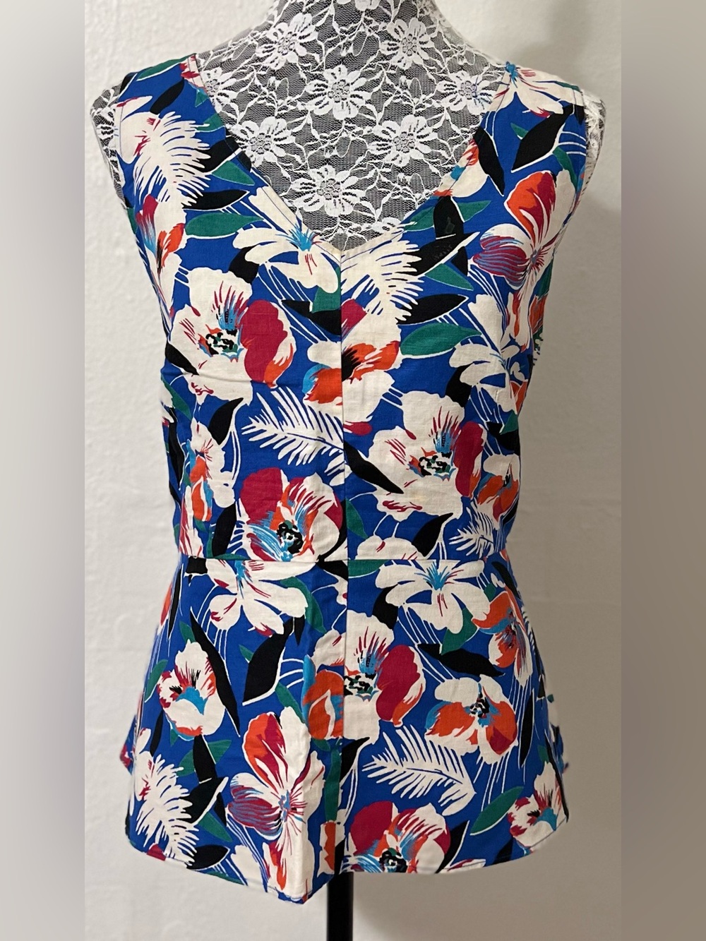 J. Crew Plus Size Blue Tropical Floral Linen Cotton V Neck Shell Beach Travel